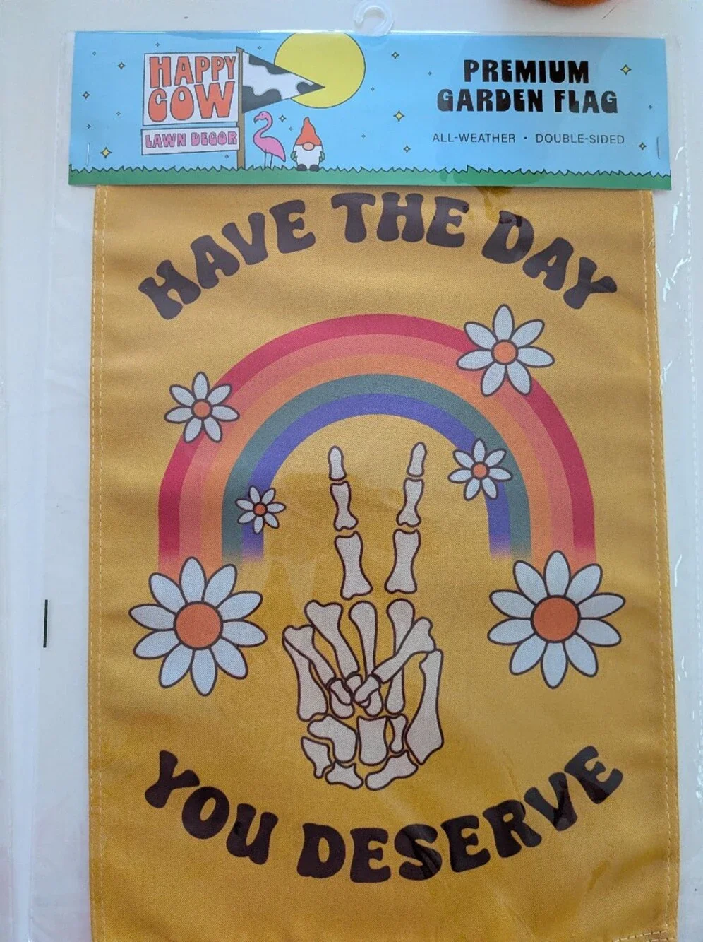 Happy Cow Halloween Garden Flag Set 2 Skeleton Peace Sign Have the Day You Deser